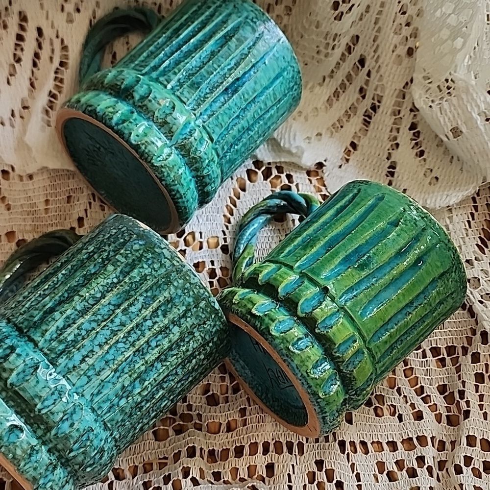 Vintage Holt Howard Blue Green Braided Handle MCM Italy Aqua Coffee Mugs
